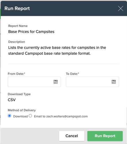 Base Prices For Campsites specific dates