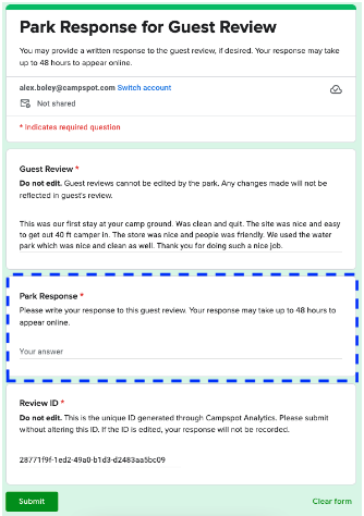 Guest Review - Park Response Form